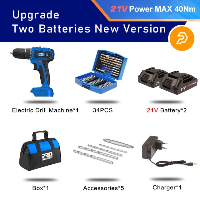 20V/21V Brushless Electric Drill 40NM/45NM Cordless Li-ion Battery Electric Power Drill By PROSTORMER