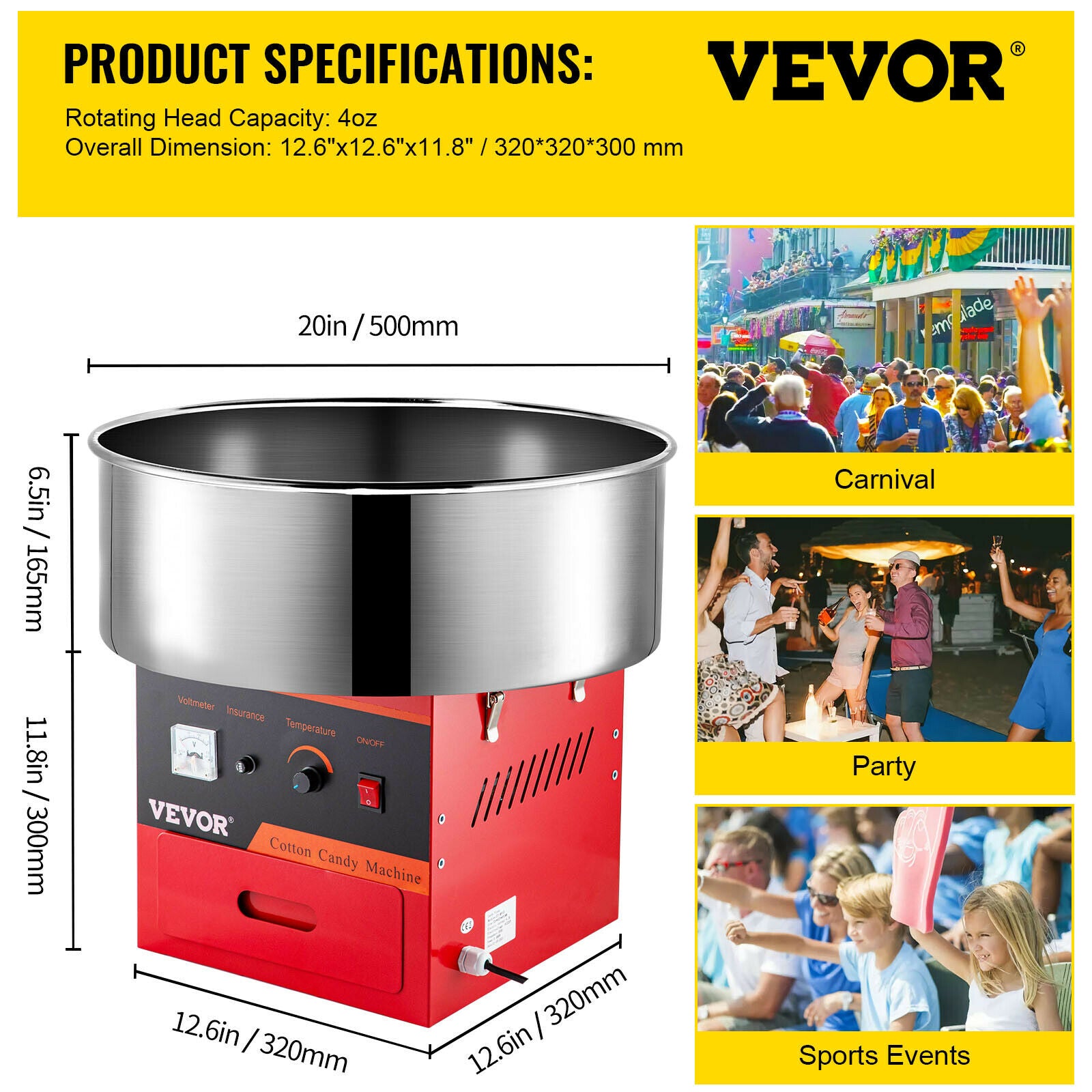 VEVOR Electric Candy Floss Machine - Commercial Candy Floss Maker - Temperature Controls for Party Festival Carnival Home