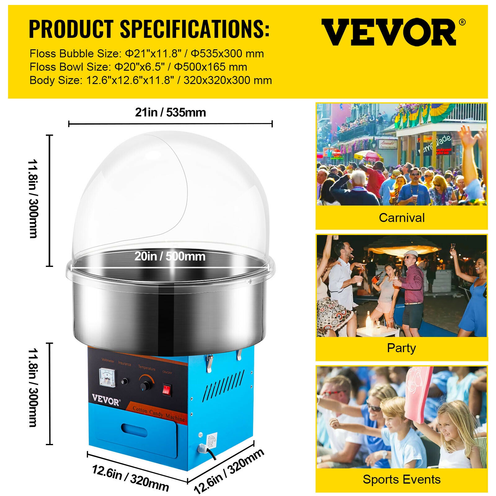 VEVOR Electric Candy Floss Machine - Commercial Candy Floss Maker - Temperature Controls for Party Festival Carnival Home