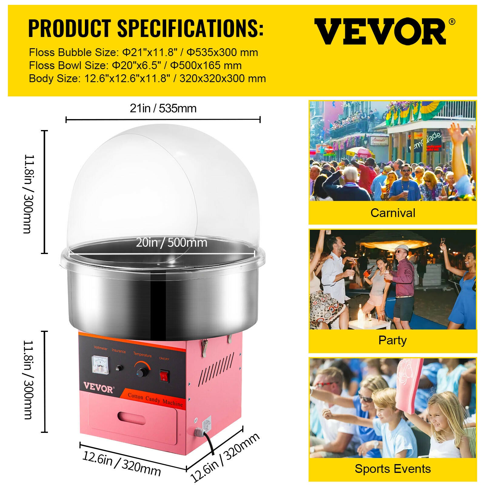 VEVOR Electric Candy Floss Machine - Commercial Candy Floss Maker - Temperature Controls for Party Festival Carnival Home